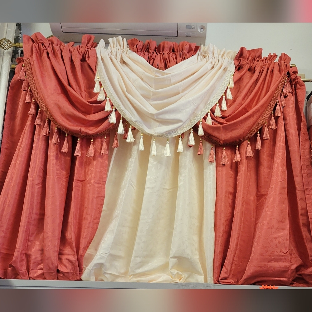 Jacquard Leaf Rod Pocket Curtain Set (6 Pieces). Cream And Rust 54" w x 84"